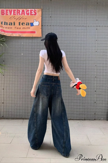 Distressed Curved Loose Wide Leg Casual Utility Jeans