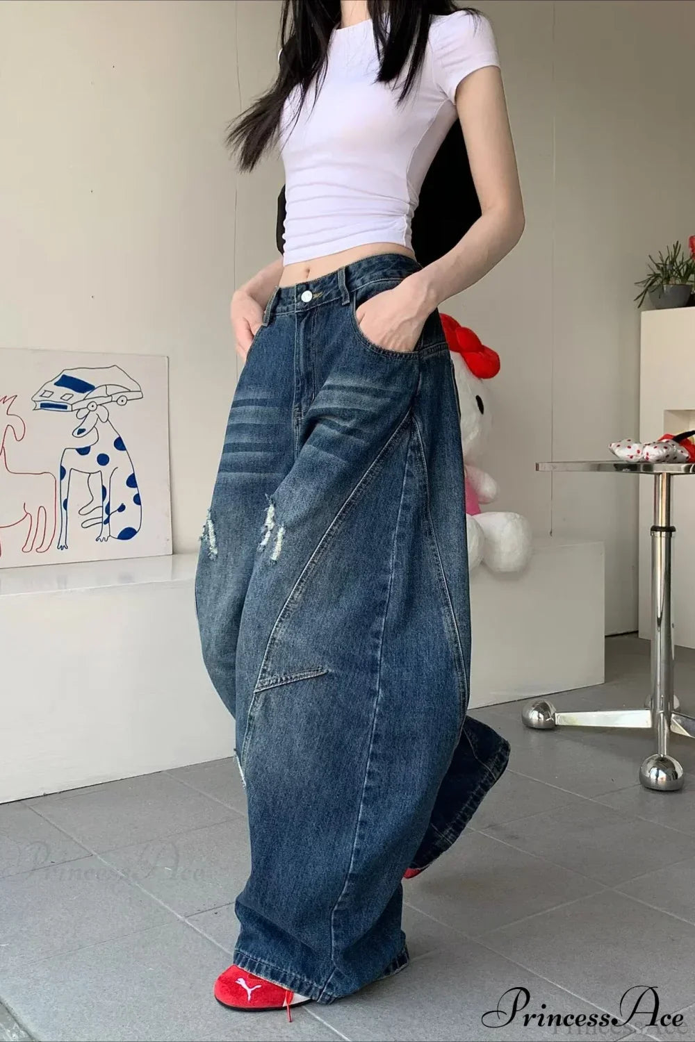 Distressed Curved Loose Wide Leg Casual Utility Jeans