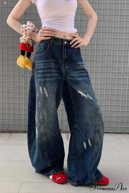 Distressed Curved Loose Wide Leg Casual Utility Jeans