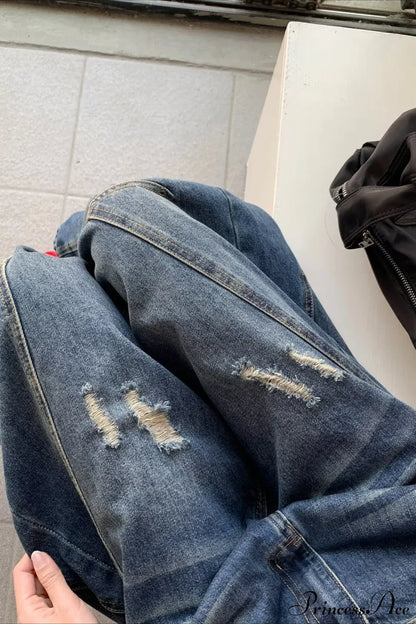 Distressed Curved Loose Wide Leg Casual Utility Jeans
