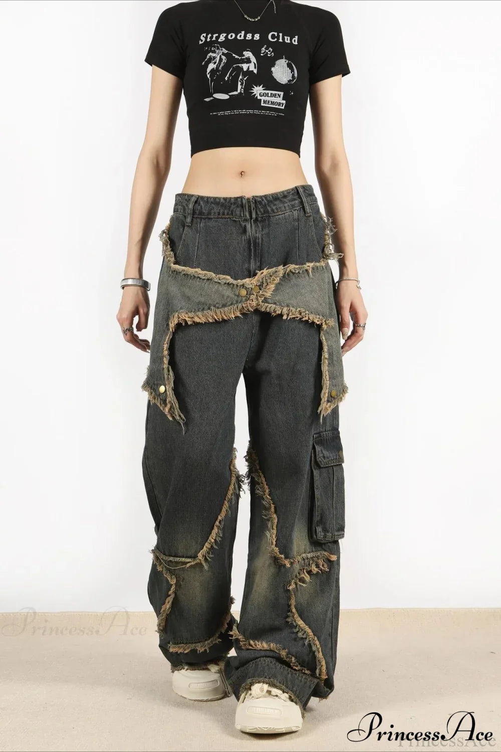 Distressed Frayed Star Straight Leg Hip Hop Jeans