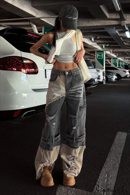 Distressed Patchwork Straight Wide Leg Jeans