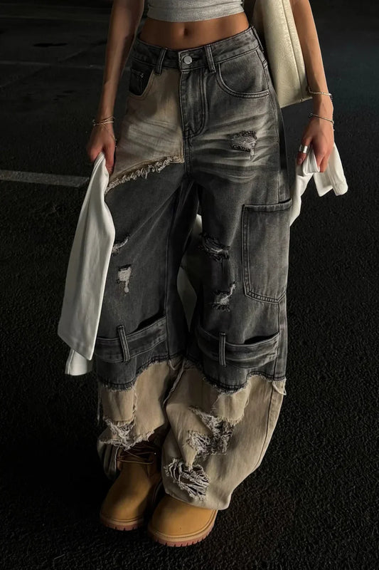Distressed Patchwork Straight Wide Leg Jeans