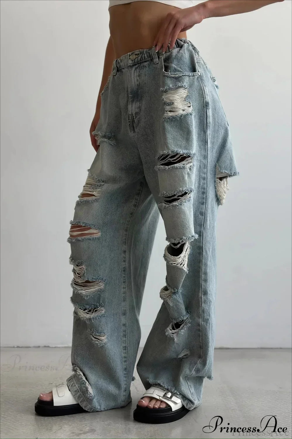 Distressed Washed Floor Length Street Jeans