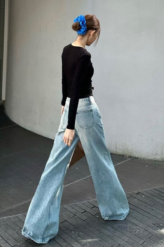 Washed Wide-Leg Distressed Jeans