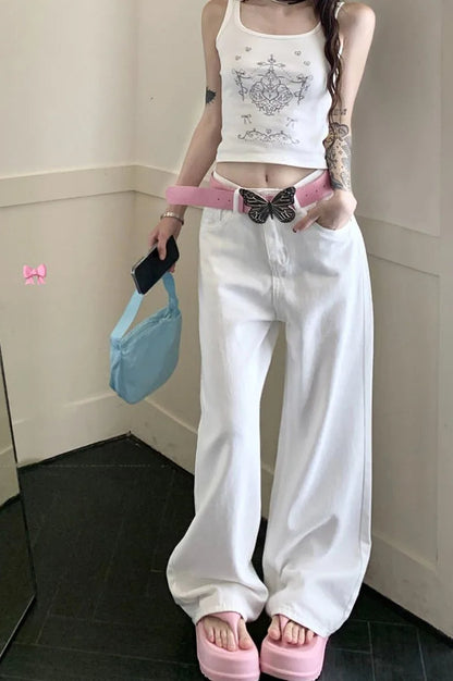 Embroidered Pink Bow Wide Leg Jeans