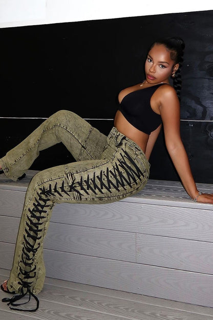Drawstring Lace-Up Denim Jeans