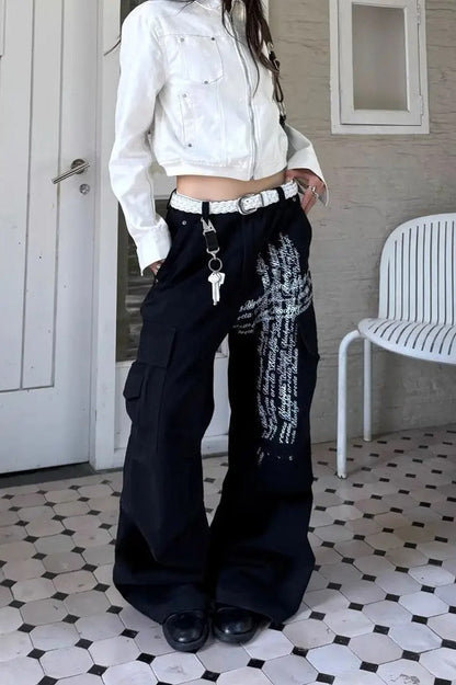Letter Print Wide-Leg Baggy Jeans