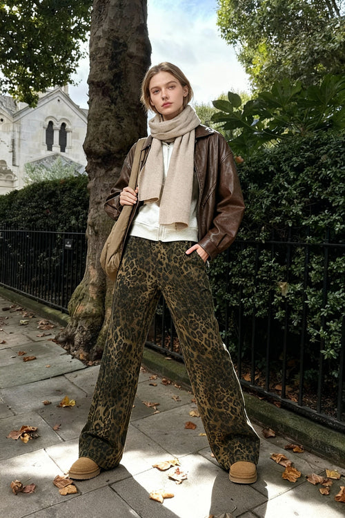 Wide Leg Leopard Print Women Y2K High Waisted Fashion Streetwear Retro Denim Baggy Casual Straight Jean