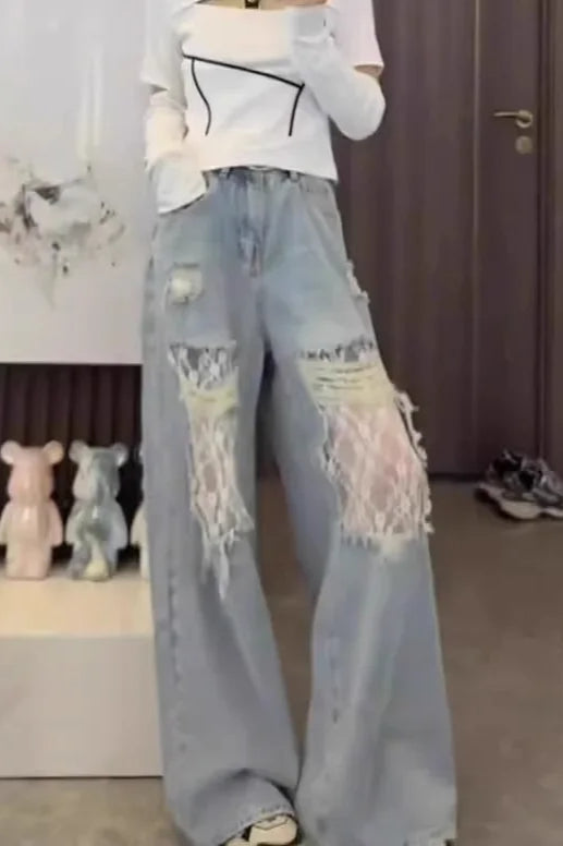 Lace Panel High Waist Wide Leg Jeans
