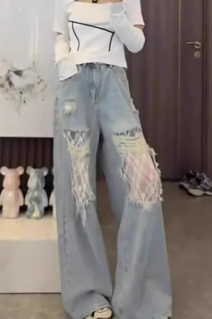 Lace Panel High Waist Wide Leg Jeans