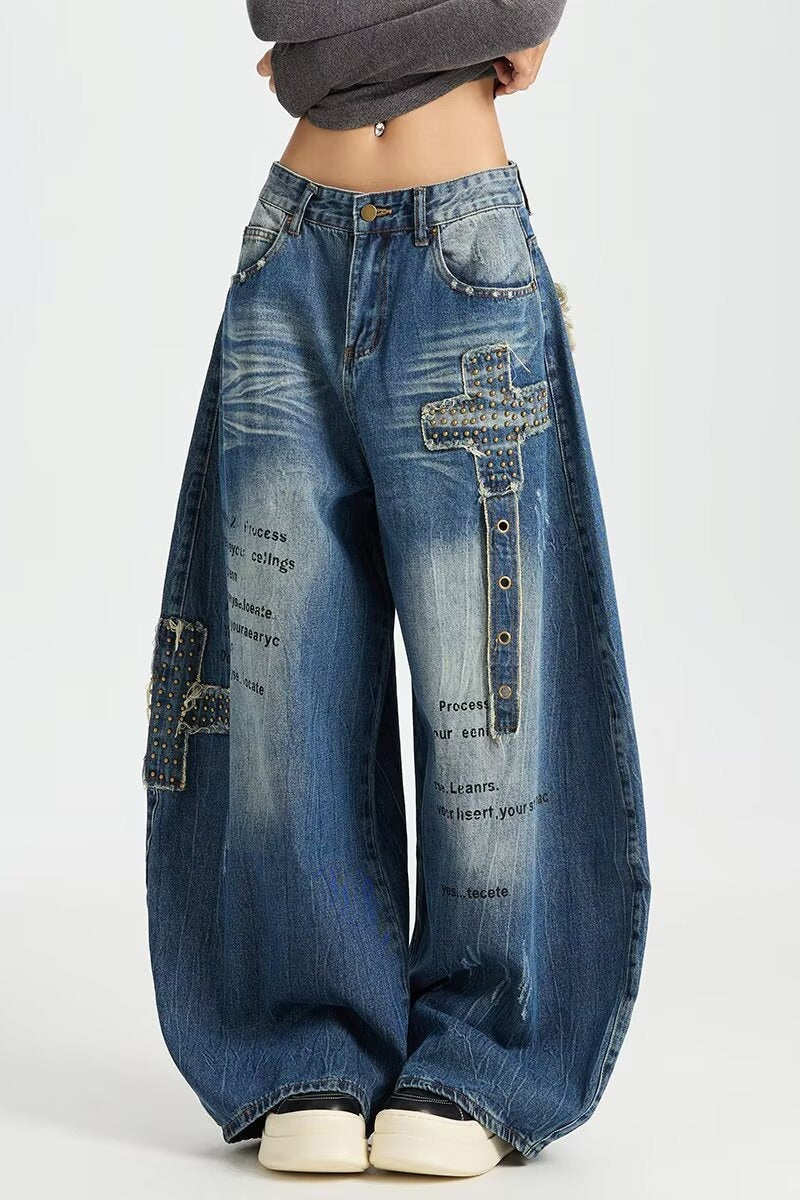 Rivet Patch Curved Leg Loose Retro Hip Hop Jeans