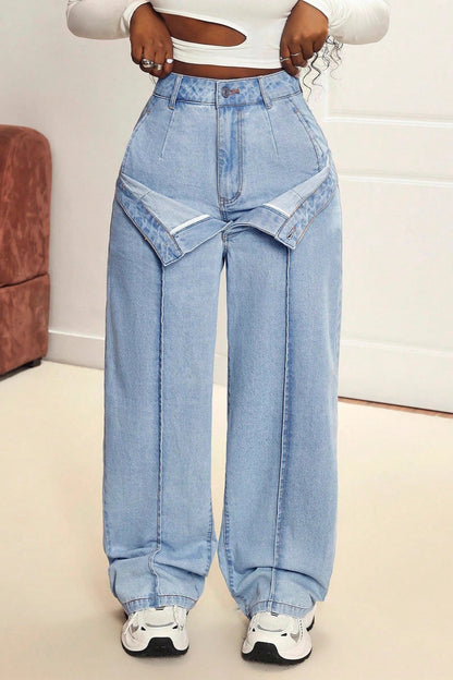 Paneled Dual Waist Stylish Slim Straight Street Jeans