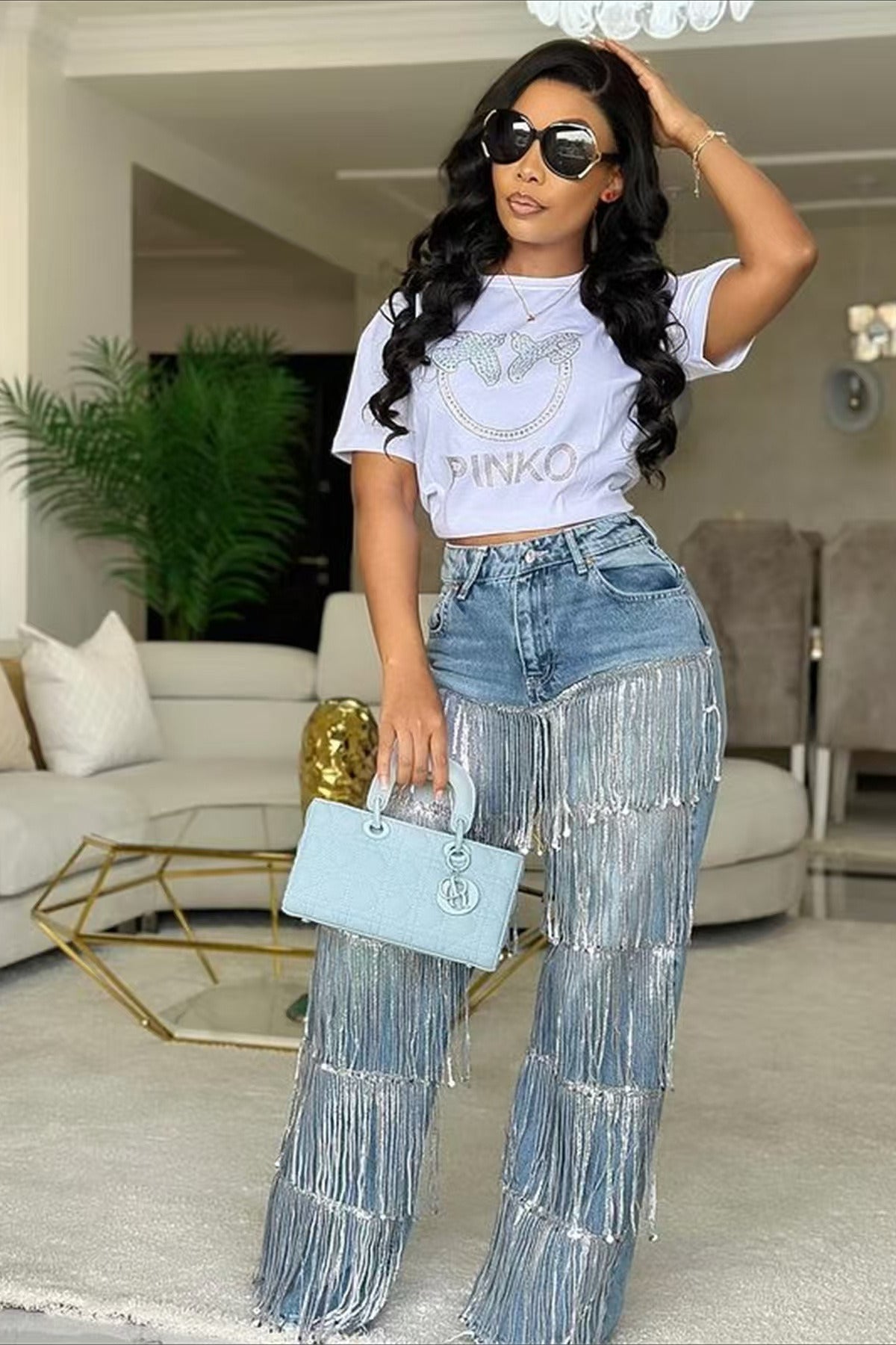 Sequin Fringe Straight Leg Jeans