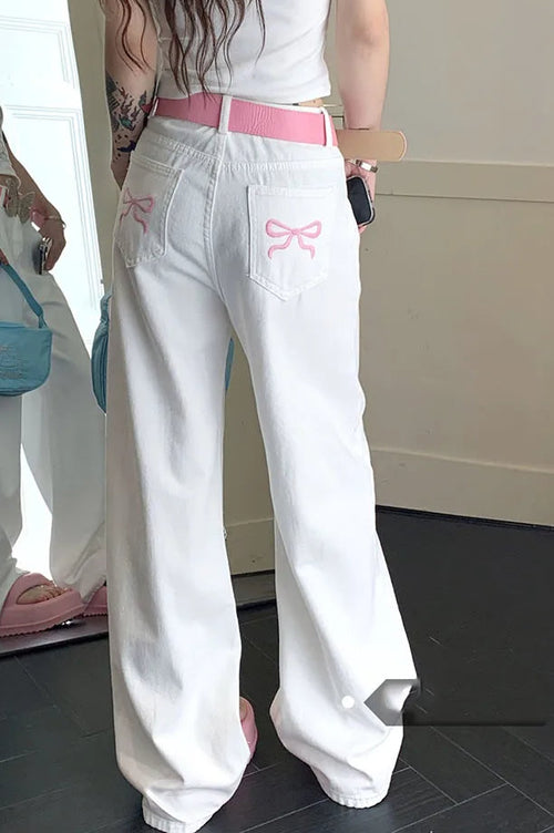 Embroidered Pink Bow Wide Leg Jeans