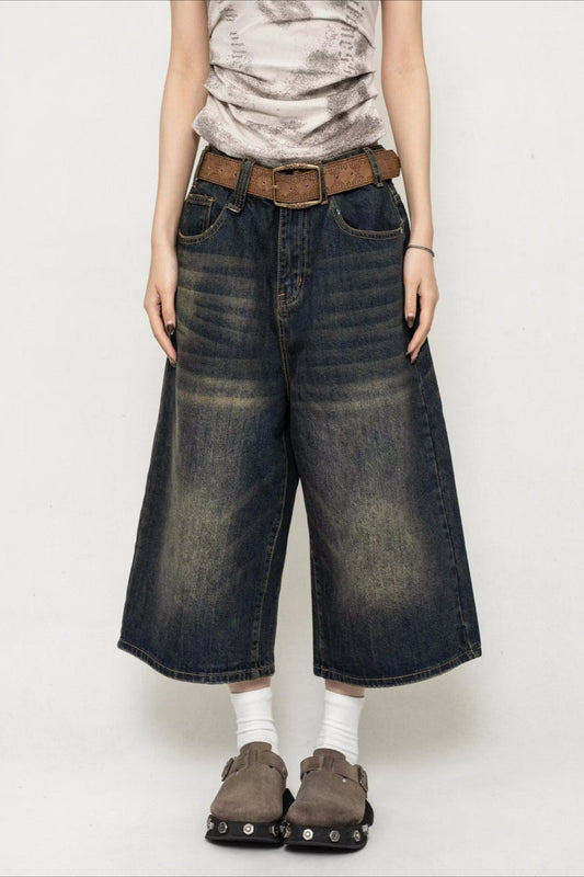 Cropped Wide Leg Vintage Distressed Jeans