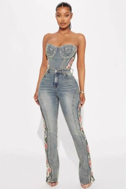 Floral Paneled High Stretch Flare Slim Stylish Jeans