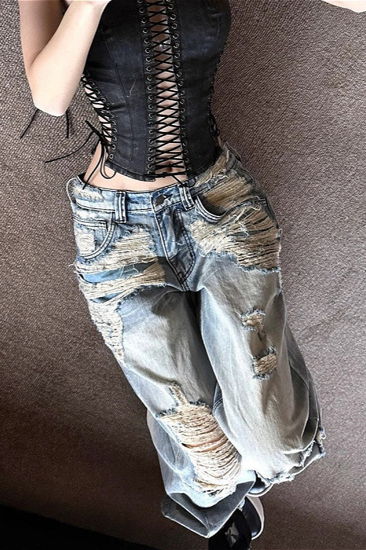 Light Blue Ripped High Waist Wide Leg Denim Jeans