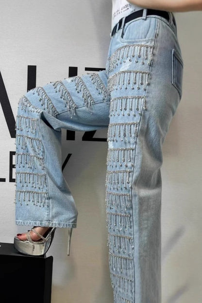 Rhinestone Tassel Straight Leg Jeans