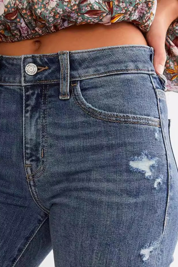 Vintage Distressed Stretch Slim Straight Denim Jeans