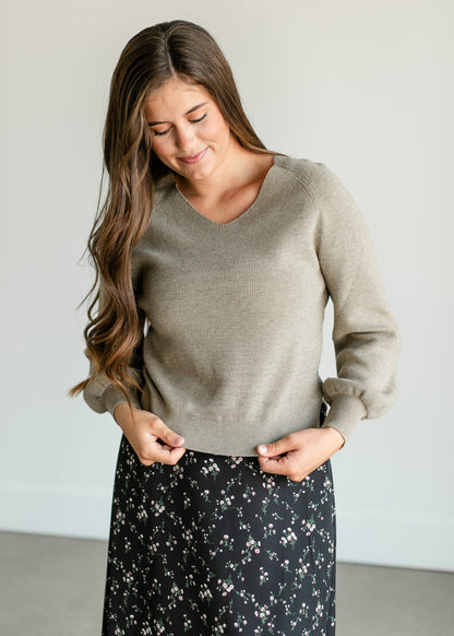 Essential V-Neck Balloon Sleeve Sweater - FINAL SALE