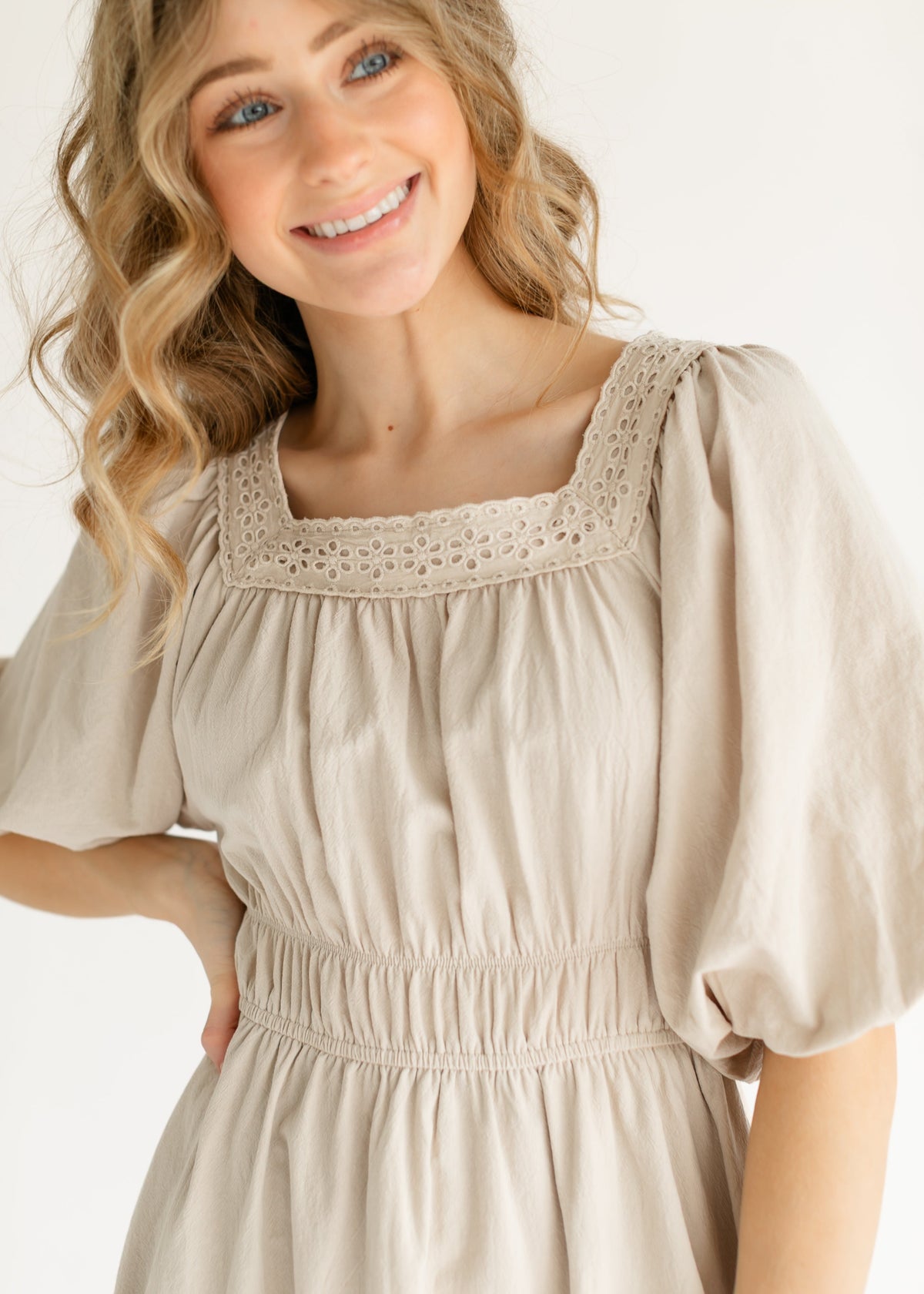 Eyelet Lace Trimmed Square Neck Midi Dress - FINAL SALE