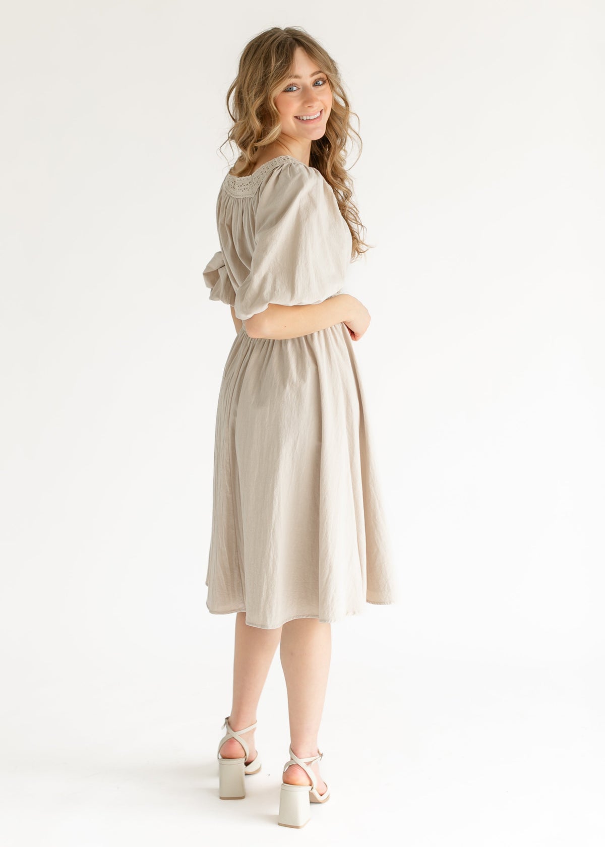 Eyelet Lace Trimmed Square Neck Midi Dress - FINAL SALE