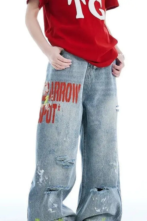 Washed Embroidered Loose Jeans