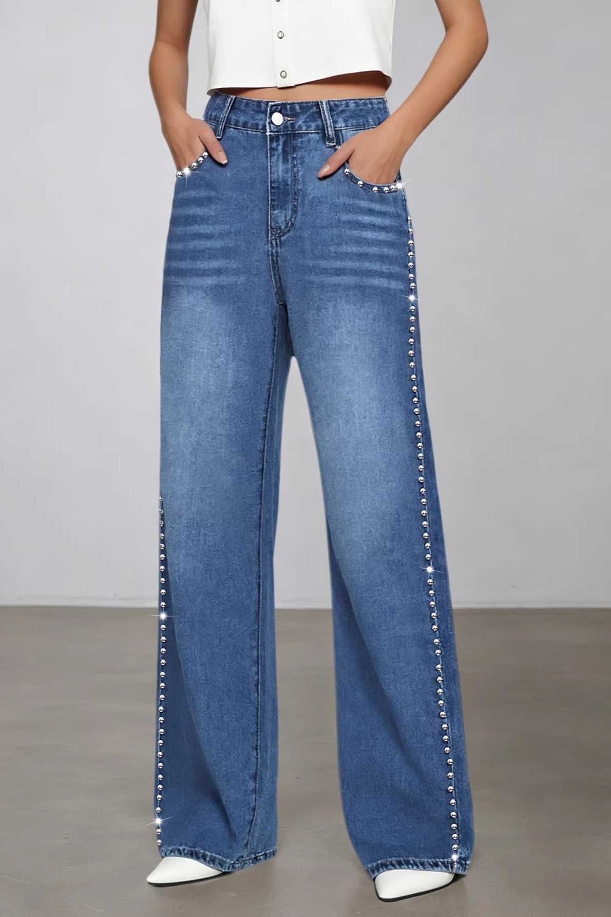 Washed Beaded High Waist Straight Leg Jeans