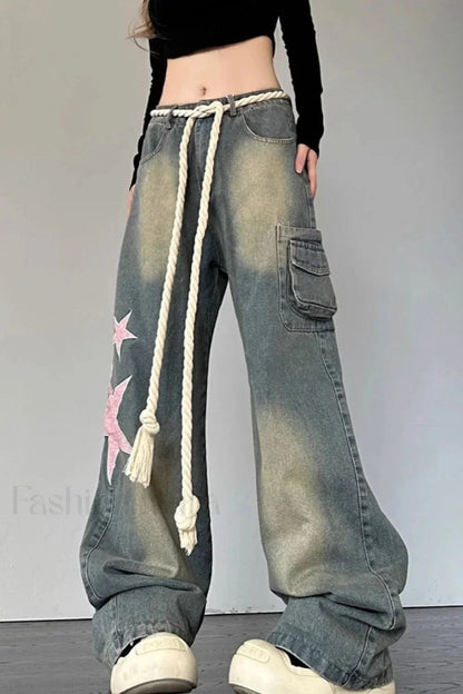 Wide Leg Patchwork Heart Jeans