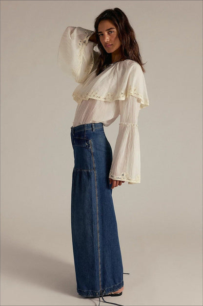 Ruched Mid Rise Wide Leg Jeans