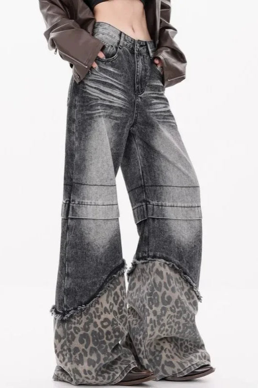 Patchwork Leopard Wide Leg Jeans
