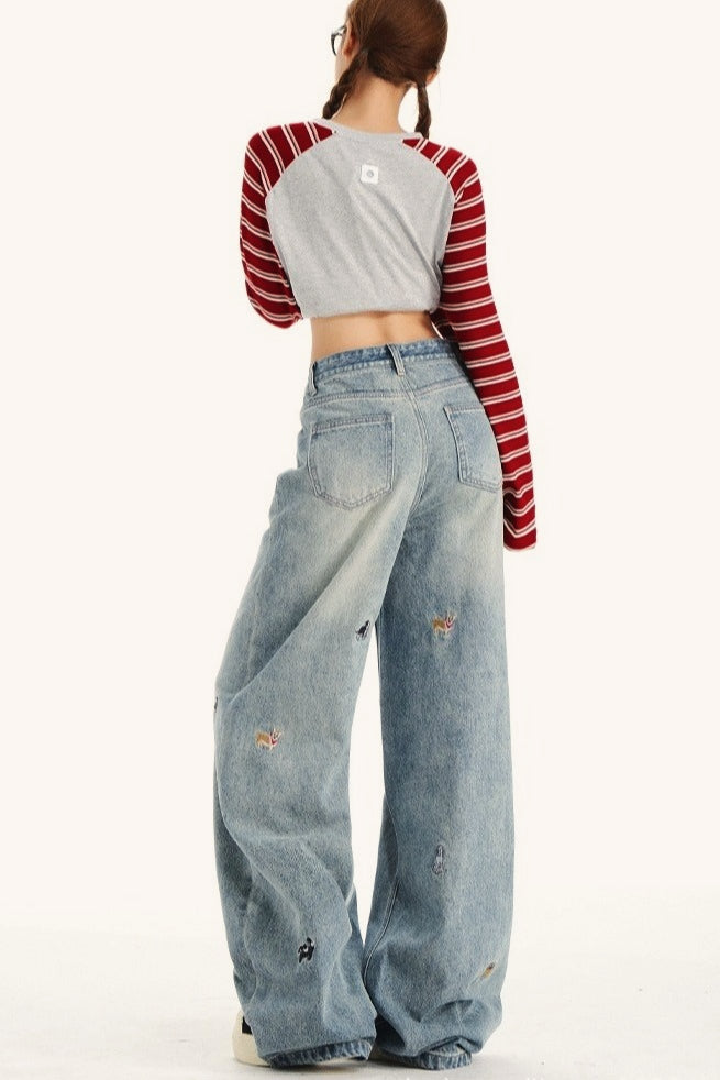 Embroidered Dog Wide Leg Jeans