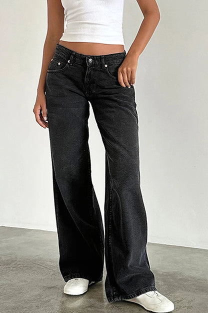 Solid Color Wide Leg Denim Jeans