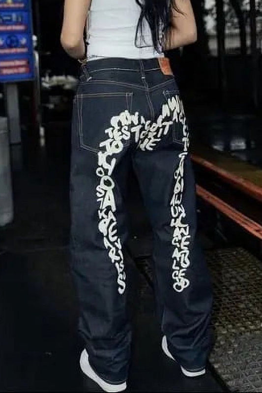 Vintage Letter Printed Loose Straight Leg Hip Hop Casual Jeans