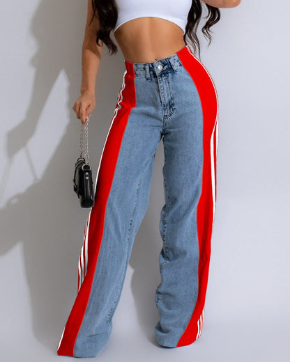 High Waisted Straight Pants Casual Pants Striped Patchwork Jeans
