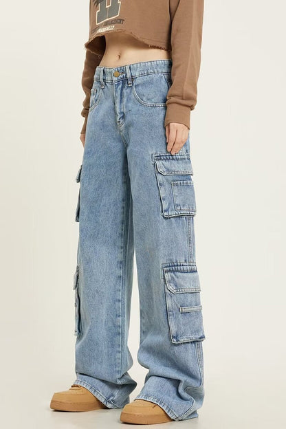 Vintage Washed Wide Leg Cargo Jeans