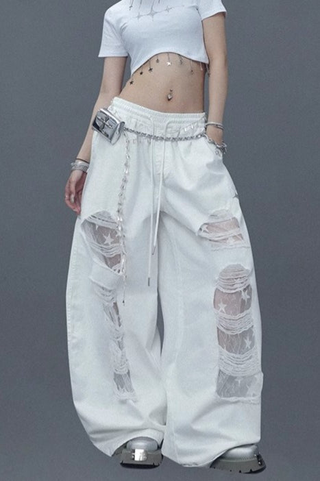 Ripped Lace Patchwork Relaxed Jeans