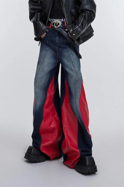 Wide Leg PU Leather Patchwork Jeans