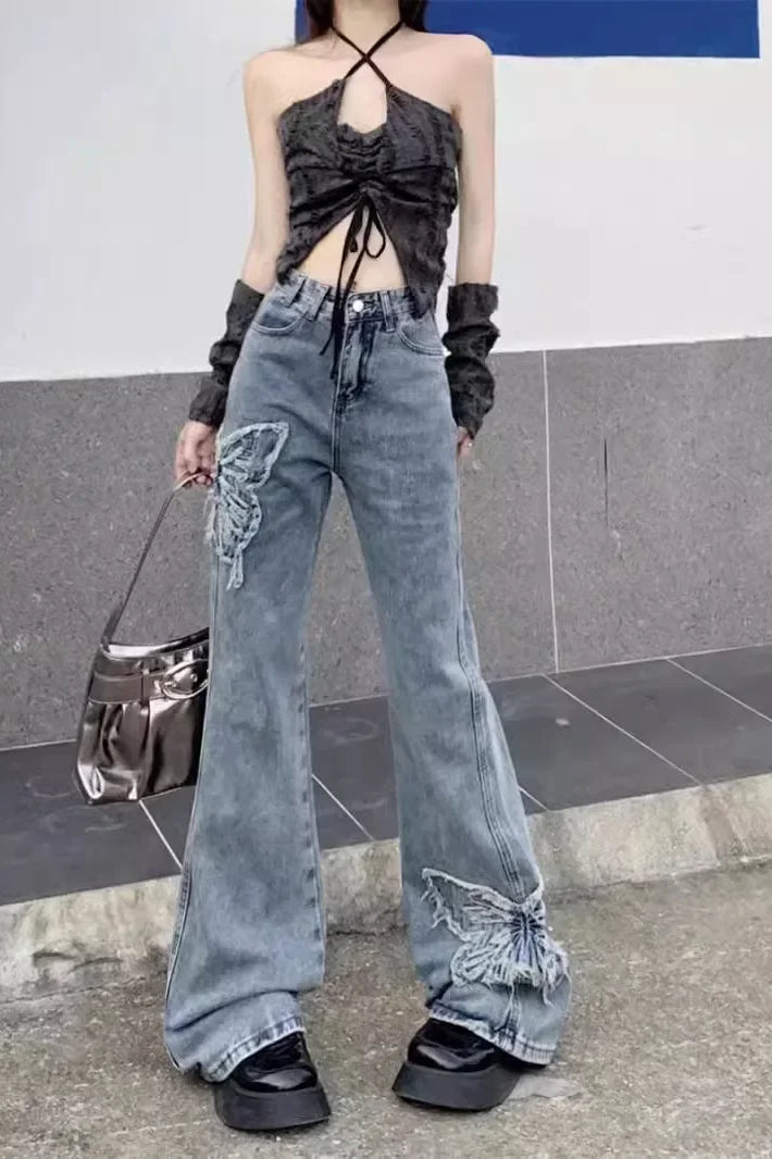 Washed Butterfly Embroidered Flared Jeans