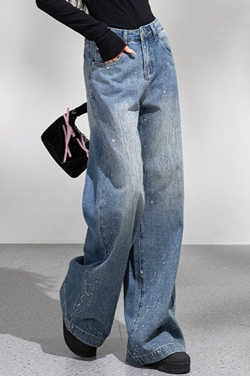 Sparkly Rhinestone Loose Wide Leg Jeans