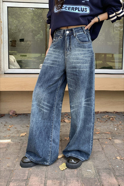 Vintage Washed Whisker High Waist Loose Jeans