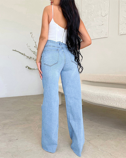 High-Waisted Hole-Leg Casual Trousers