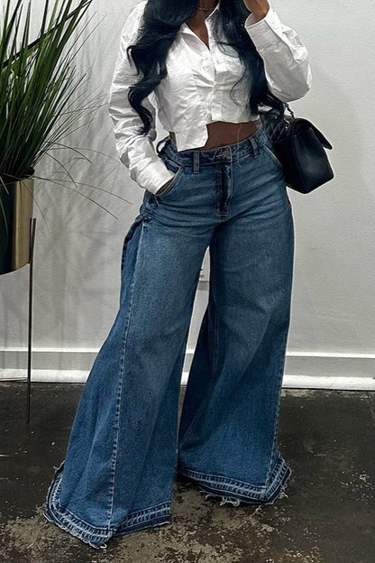 Y2K Patchwork Fringe Relaxed Long Flare Jeans