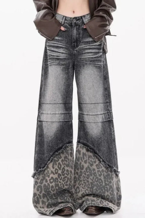 Patchwork Leopard Wide Leg Jeans