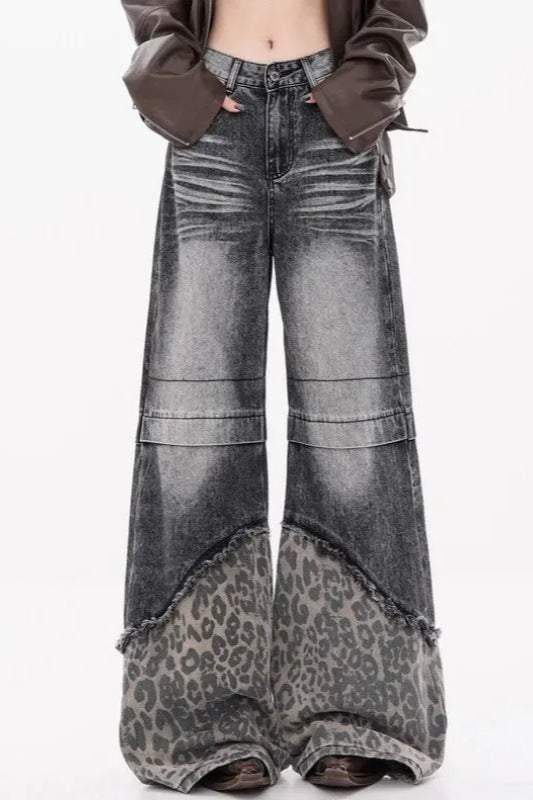 Patchwork Leopard Wide Leg Jeans