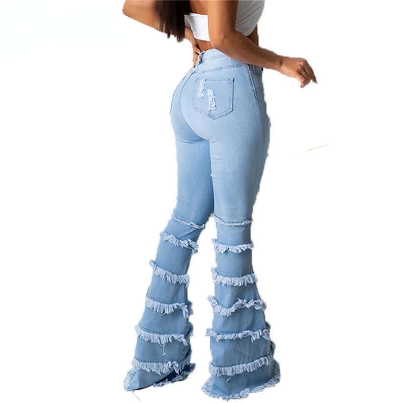 DressBetty - High Waist Stretch Denim Washed Destroyed Holes Ripped Tassel Skinny Flare Jeans