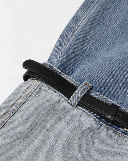 High-Rise Contrast Turn-up Straight-Leg Hybrid Jeans