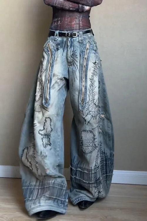 Needle Embroidered Wide Leg Jeans