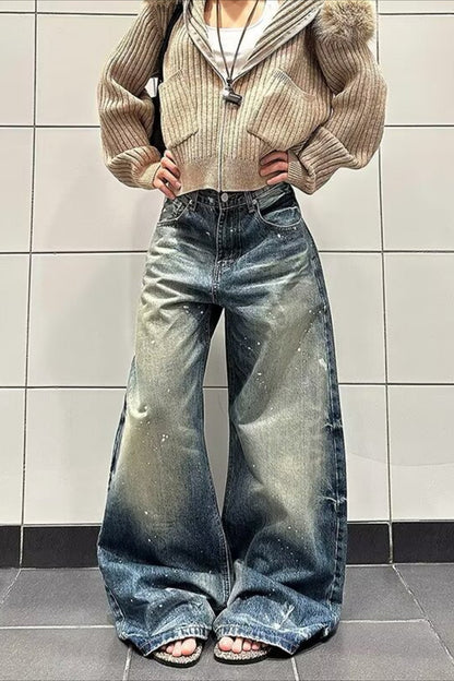Vintage Washed Splatter Print Bootcut Wide Leg Jeans